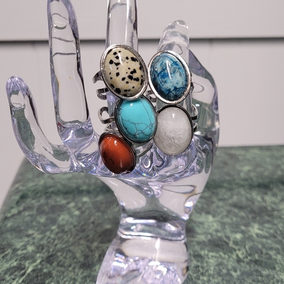 Multi-Variety Stone Silver Stainless Steel Rings Size 7-8 - Picture 11 of 16